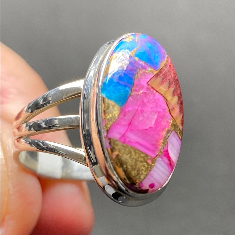 Kingman Pink Dahlia Turquoise Ring Size 9 in Solid Sterling Silver 925